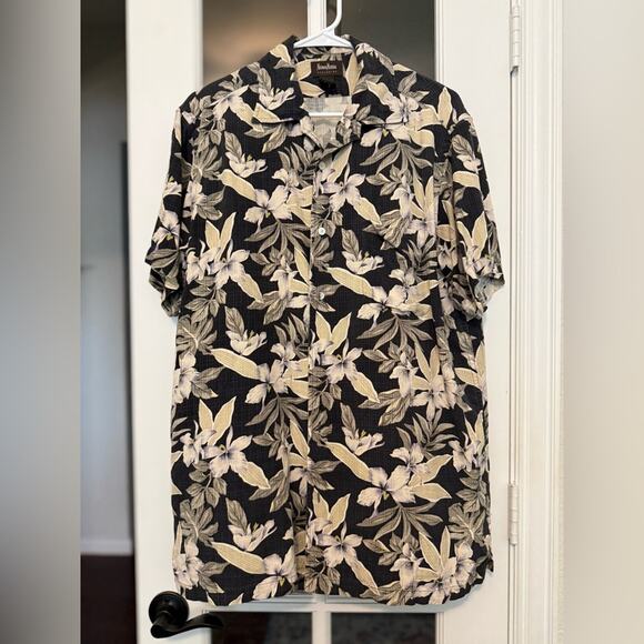 VTG Neiman Marcus Men’s black SILK Leaf Palm Tree Hawaiian cabana Shirt M - Picture 1 of 9
